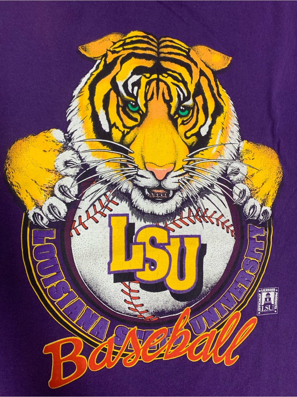 90s LSU Tigers BASEBALL Tiger Head Made USA PURPLE T-Shirt -MEDIUM (minor stain)